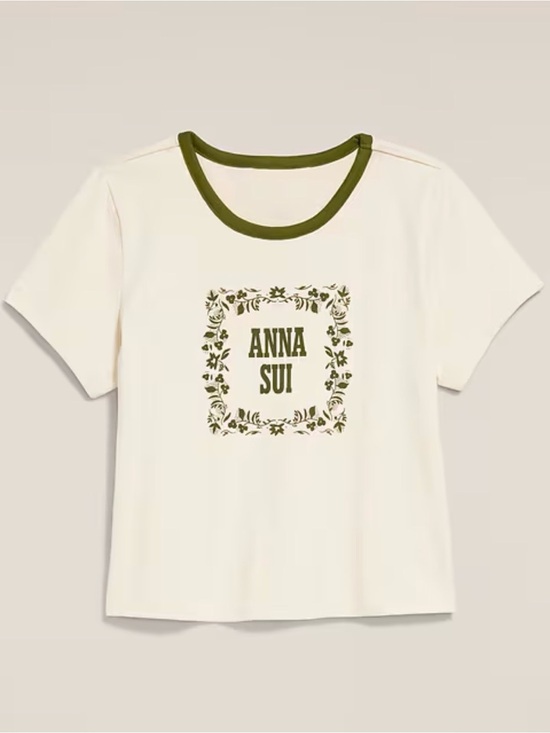old navy x anna sui Tops - Old Navy x Anna Sui Cream Short Sleeve Ringer Tee with Olive Green Trim